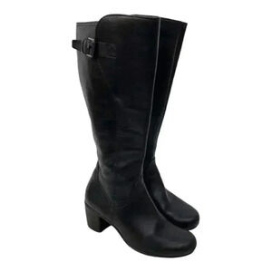 Ecco Knee High Tall Riding Boots Size 4 Block Heels Leather Buckle Side Zip